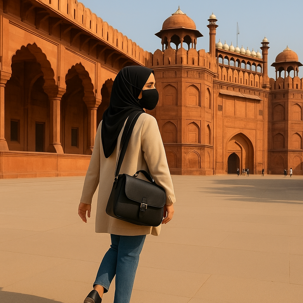 Delhi's Red Fort showing its red sandstone walls, main Lahori Gate entrance, and people walking in the forecourt under a clear sky.