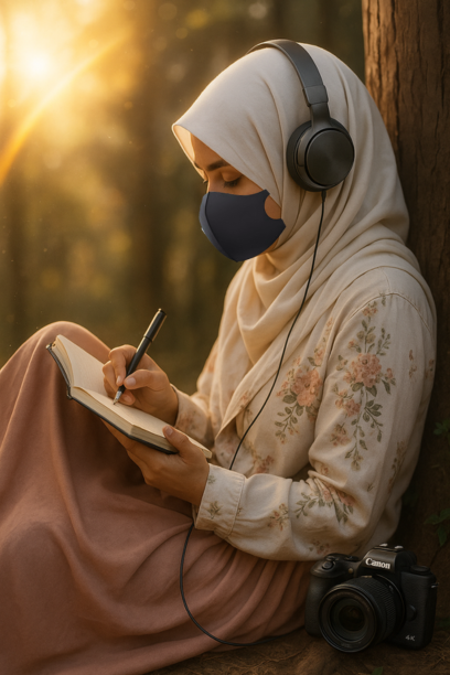Young Muslim woman in hijab studying and journaling outdoors in India, wearing headphones and facemask, with a camera beside her.