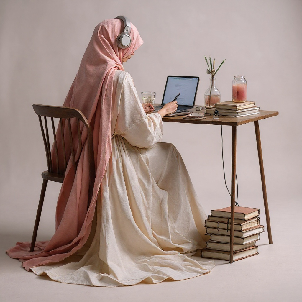 Hijabi girl studying with laptop, books, and candles on study table